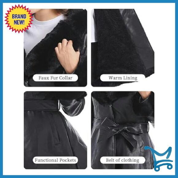 Faux Leather Jacket with Faux Fur Collar, Peplum Parka Coat with Belt, Winter - Picture 5 of 7